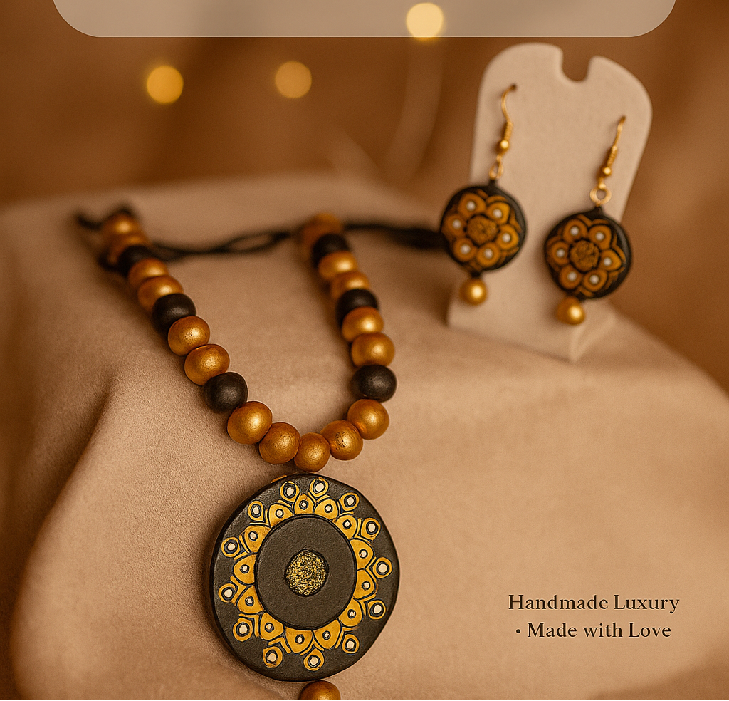 Terracotta Jewelry Necklace Set for Women – Handcrafted Clay Necklace with Earrings